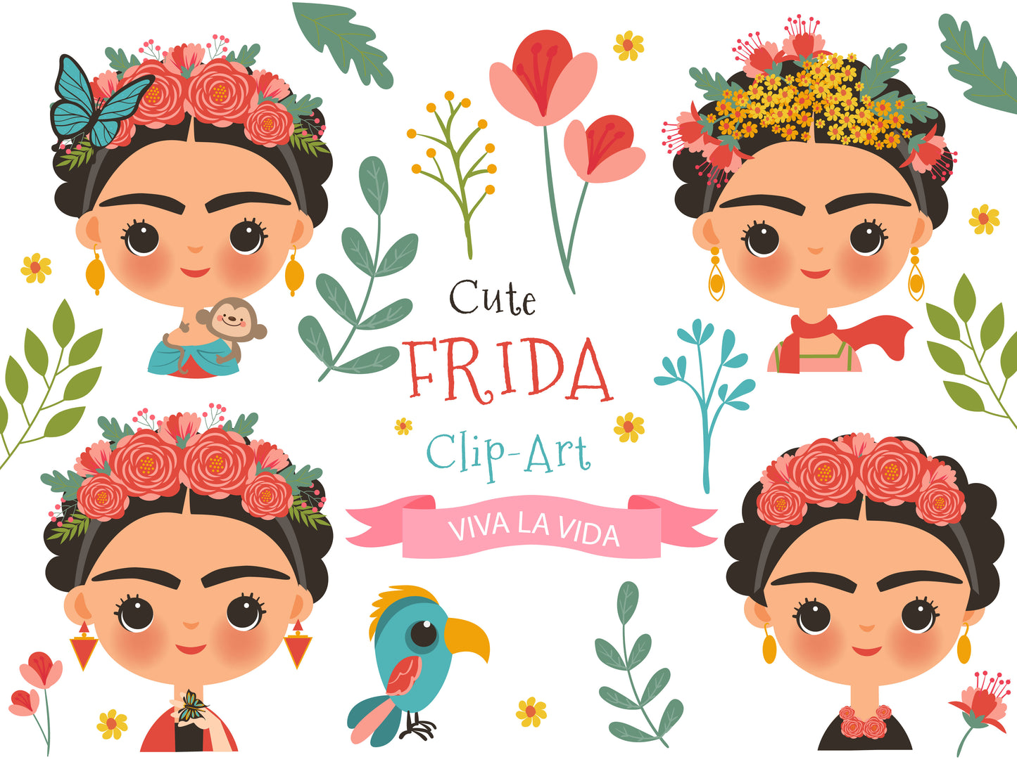 Cute clipart : Frida Clip Art Illustration Graphics transparent background set