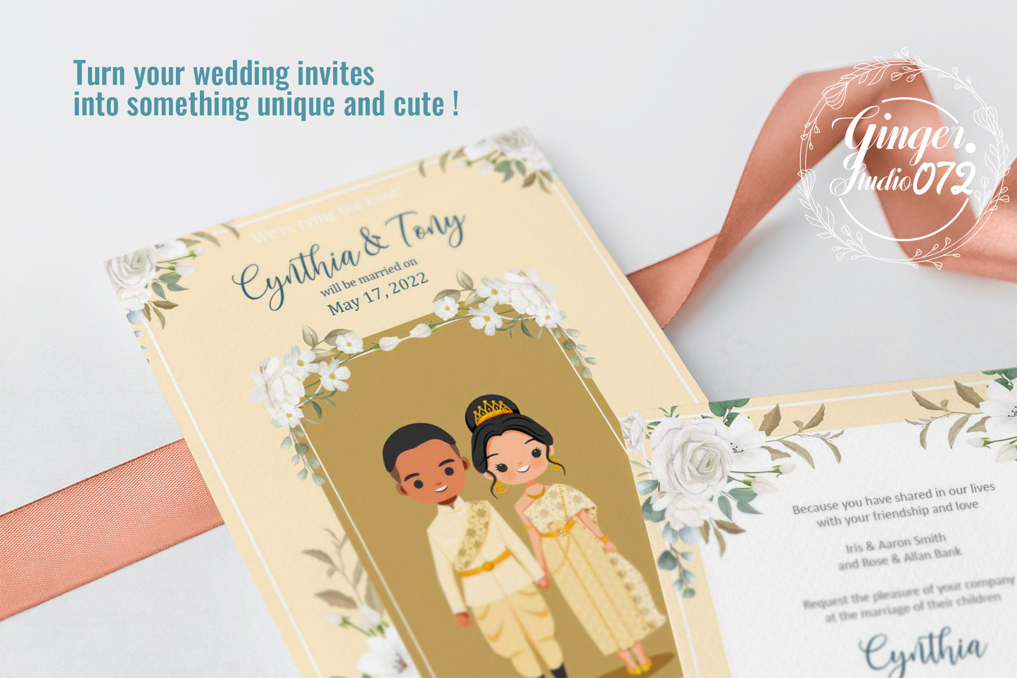 Cute Asian, Khmer, Lao, Thai Wedding invitation, E-Invite template #sewc220104