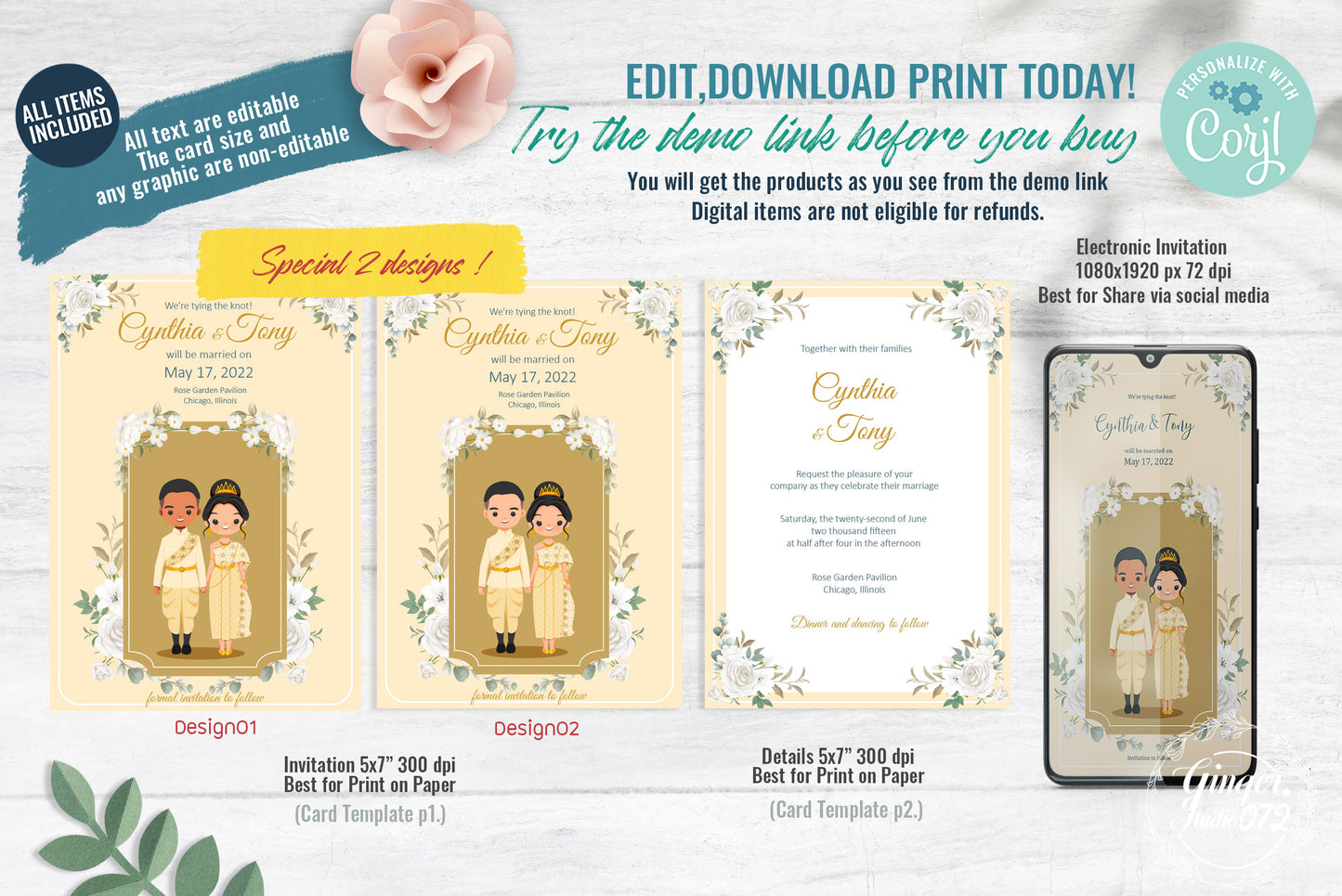 Cute Asian, Khmer, Lao, Thai Wedding invitation, E-Invite template #sewc220104