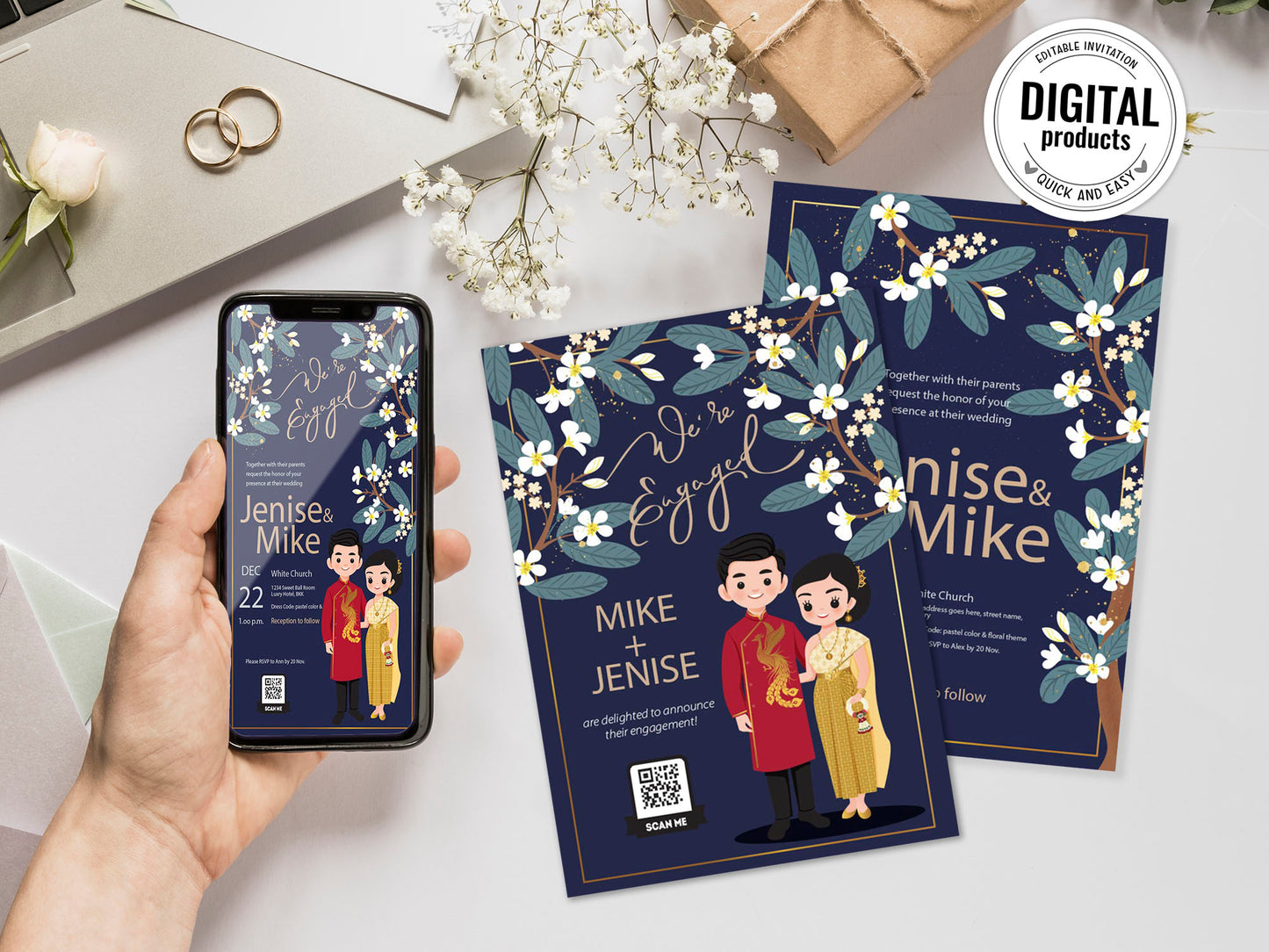 Cute Asian, Khmer, Lao, Thai Wedding invitation, E-Invite template #asiv240201