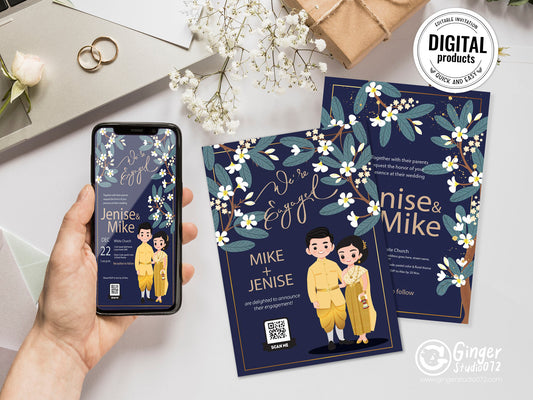 Cute Asian, Khmer, Lao, Thai Wedding invitation, E-Invite template #asiv240201