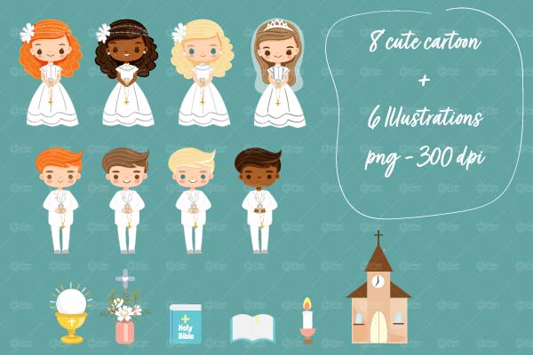Cute Clip-art : First Communion cartoon Illustration transparent background set