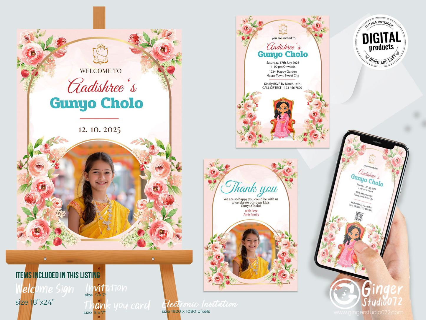 Cute Milestone invite, Gunyo Cholo Ceremony,  Customize Template #mttp240903