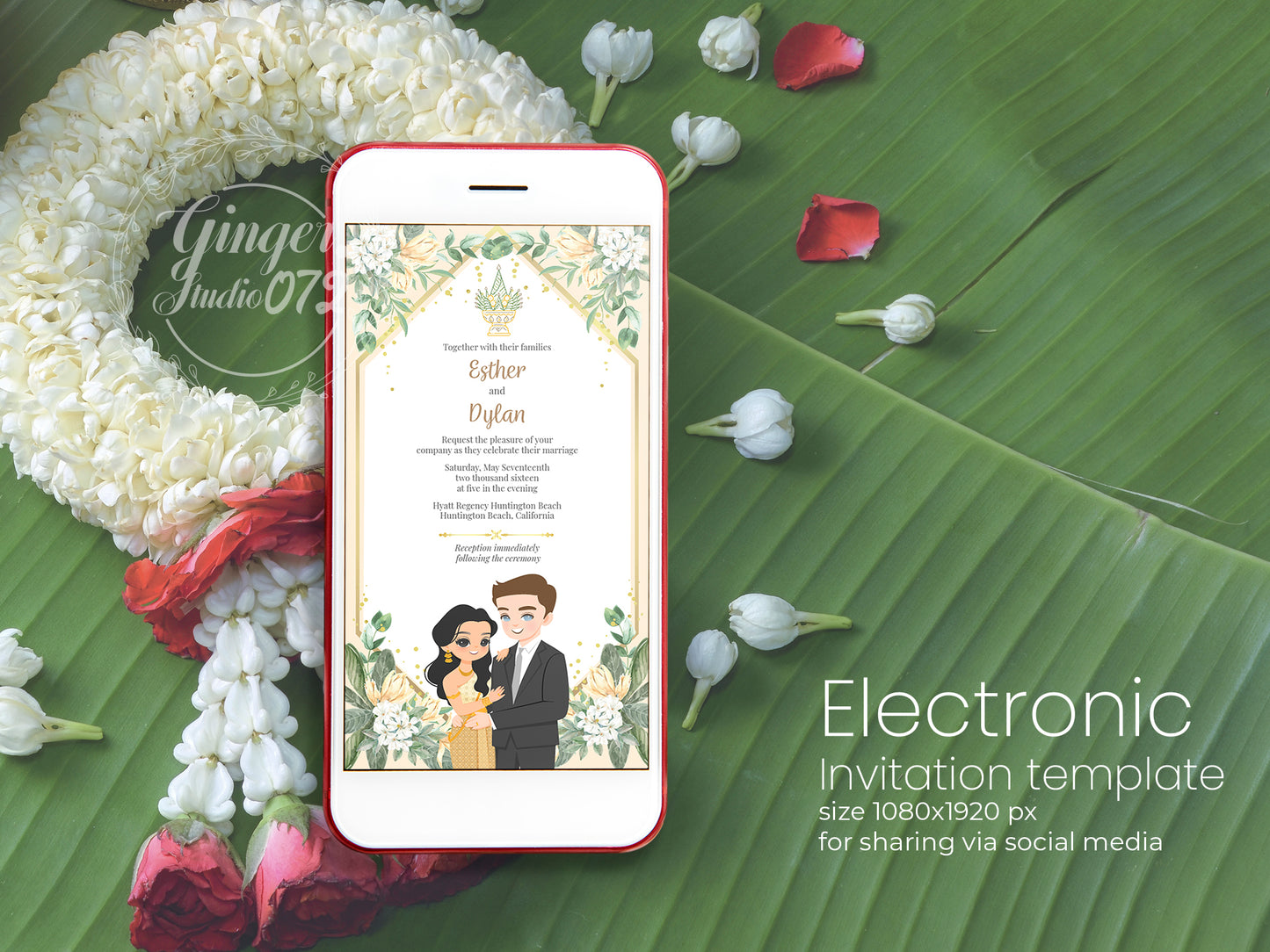 Cute Asian, Khmer, Lao, Thai Wedding invitation, E-Invite template #sewc230101