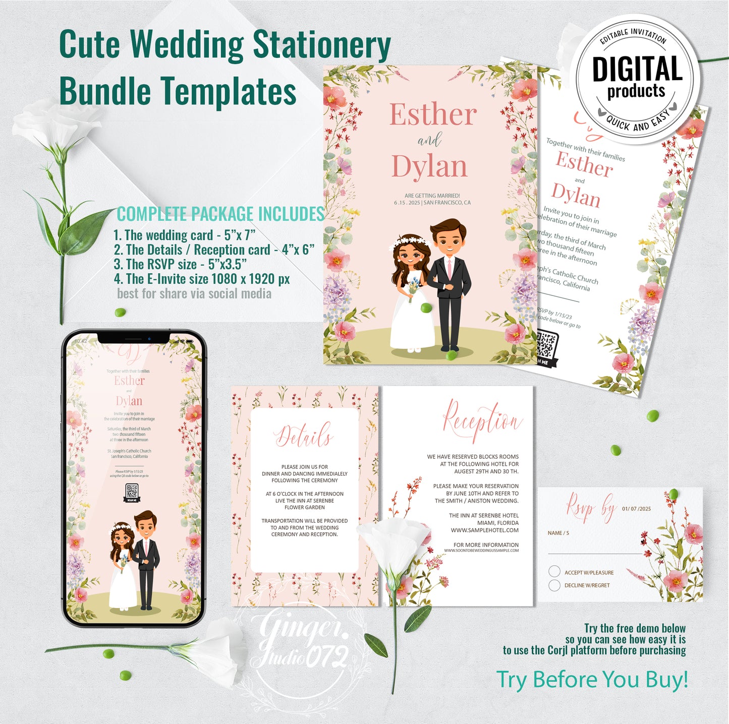 Cute Wedding Invitation, E-invitation, Digital Template #ctwd221201