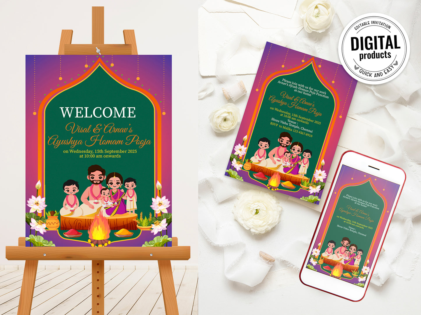 Cute Milestone invite, Ayush Homam Puja Function Cermony, Customize Template #hfiv230602