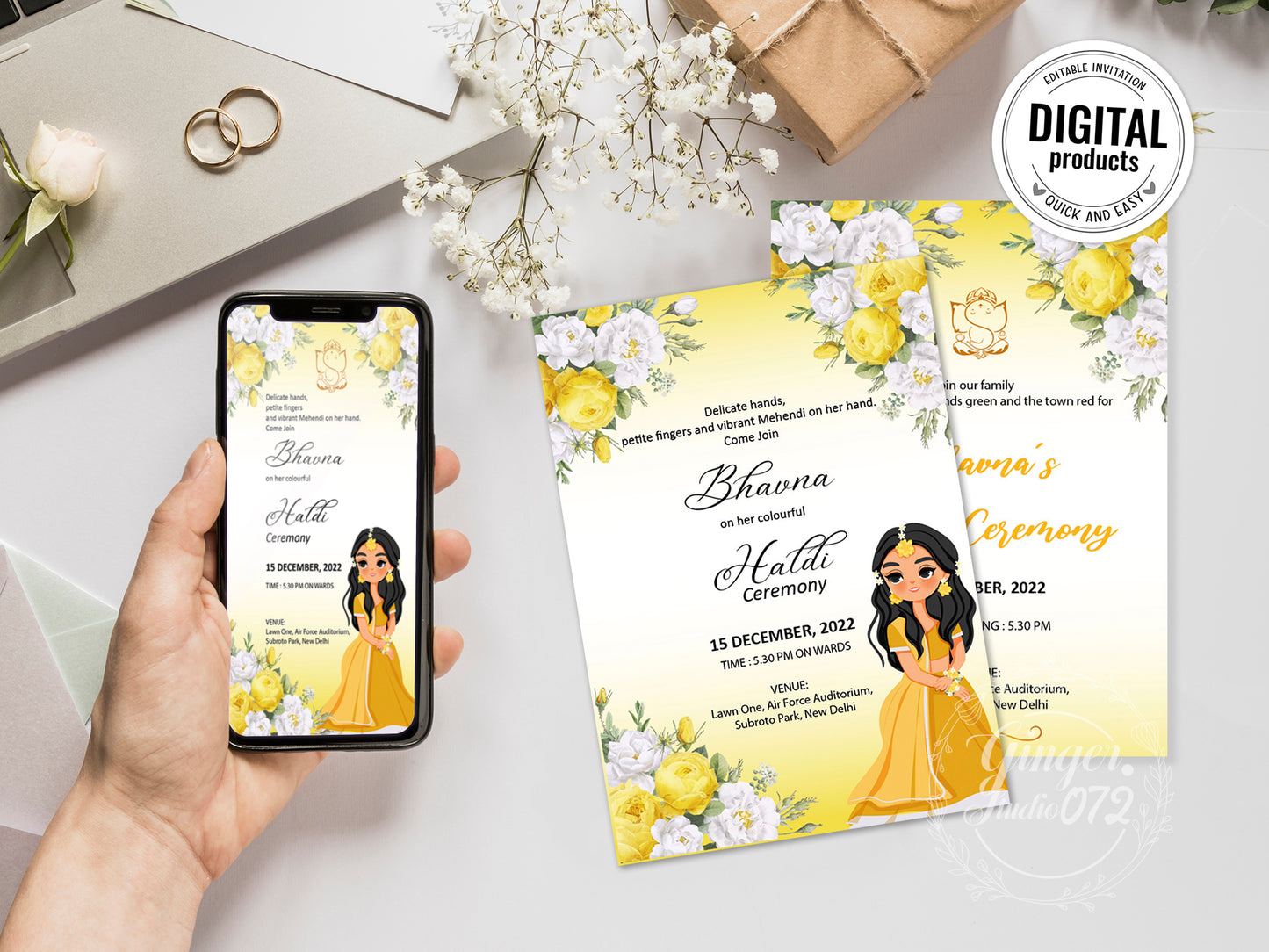 Cute Indian/Hindu wedding invite, Haldi/Mehndi/Sangeet, Customize template#hdwc210603