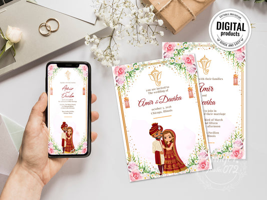 Cute Indian/Hindu wedding invite, Haldi/Mehndi/Sangeet, Customize template #idwc230104