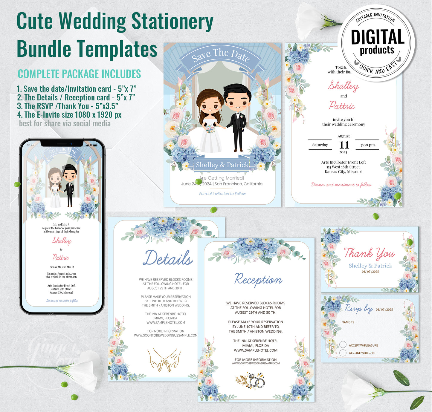 Cute Wedding Invitation, E-Invitation, Digital Template Set #ctwd230201