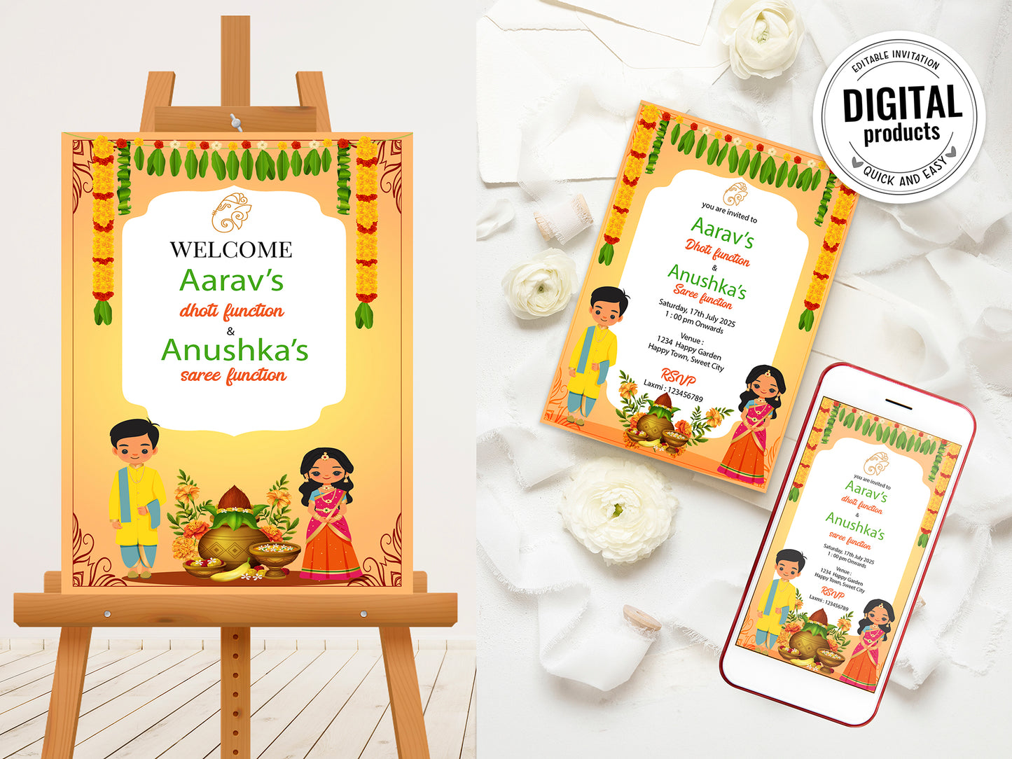 Cute Milestone invite, Half Saree & Dhoti Function Ceremony, Customize Template #hfiv220801