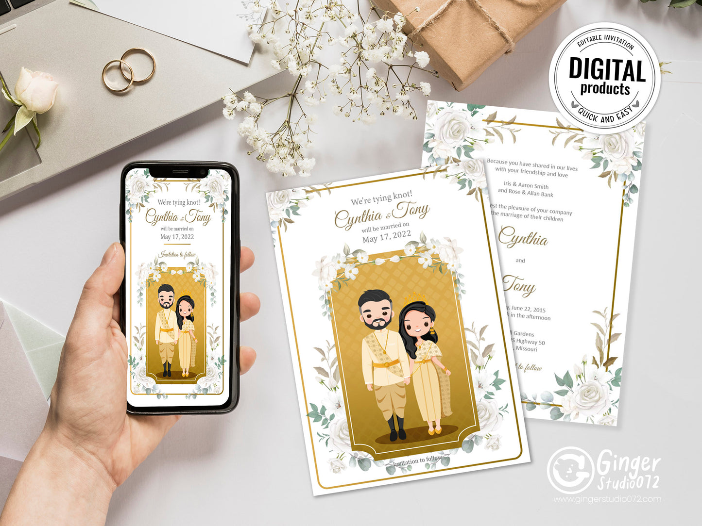 Cute Asian, Khmer, Lao, Thai Wedding invitation, E-Invite template #sewc220701