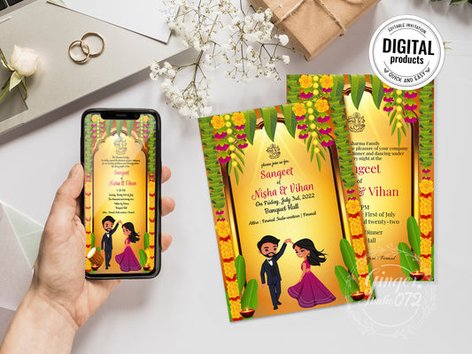 Cute Indian/Hindu wedding invite, Haldi/Mehndi/Sangeet, Customize template #idsg210401