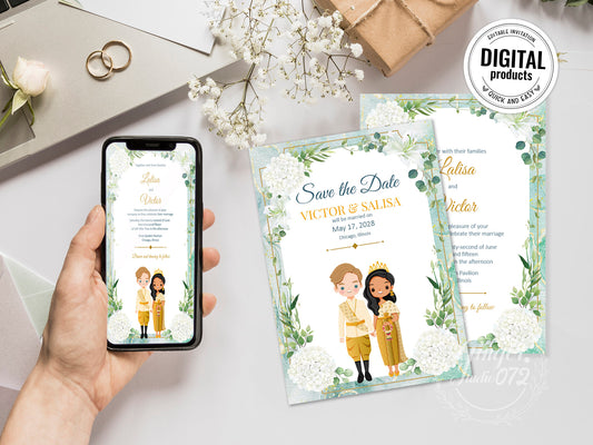 Cute Asian, Khmer, Lao, Thai Wedding invitation, E-Invite template #sewc230403