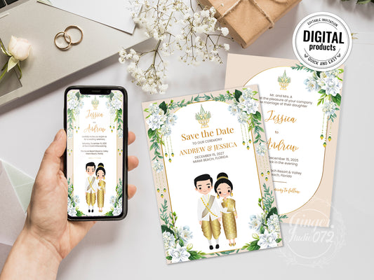 Cute Asian, Khmer, Lao, Thai Wedding invitation, E-Invite template #sewc240502