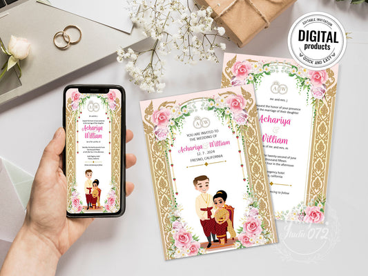 Cute Asian, Khmer, Lao, Thai Wedding invitation, E-Invite template #sewc230108