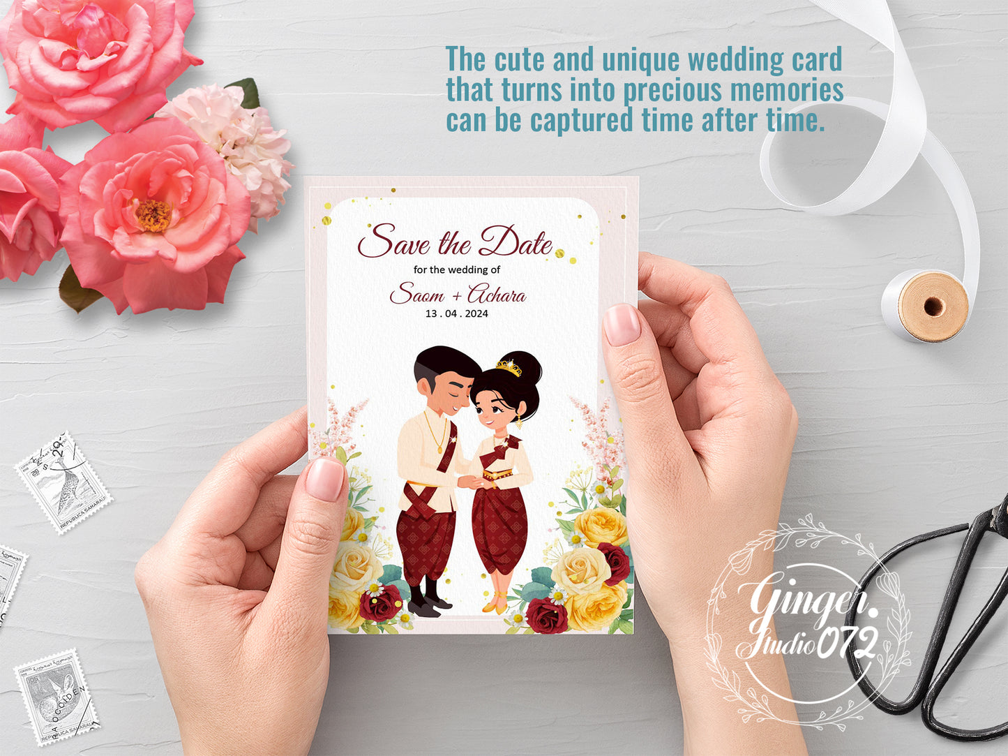 Cute Asian, Khmer, Lao, Thai Wedding invitation, E-Invite template #sewc220402