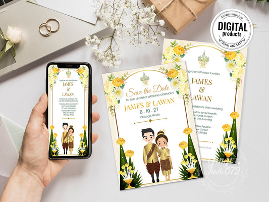 Cute Asian, Khmer, Lao, Thai Wedding invitation, E-Invite template #sewc231201