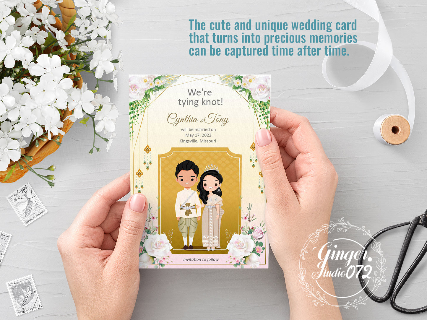 Cute Asian, Khmer, Lao, Thai Wedding invitation, E-Invite template #sewc220902