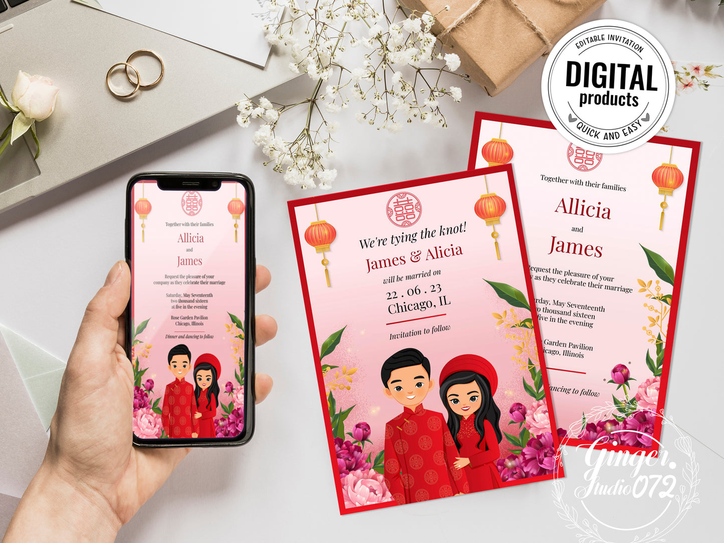 Cute Vietnamese wedding invite, Áo dài theme, Customize Invite Template #cvwl221103