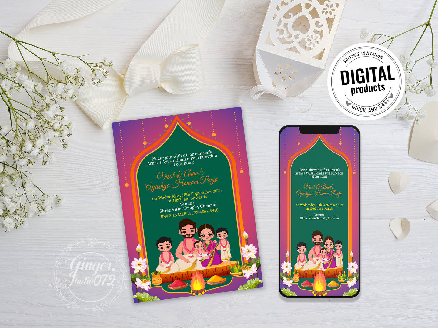 Cute Milestone invite, Ayush Homam Puja Function Cermony, Customize Template #hfiv230602