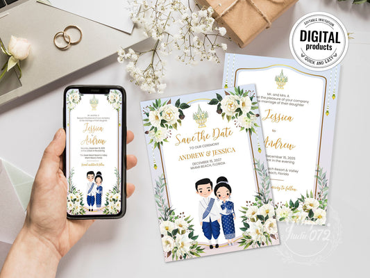 Cute Asian, Khmer, Lao, Thai Wedding invitation, E-Invite template #sewc240101