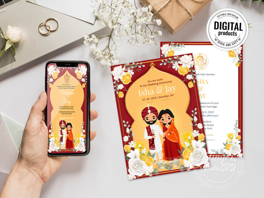 Cute Indian/Hindu wedding invite, Haldi/Mehndi/Sangeet, Customize template #idwc210201