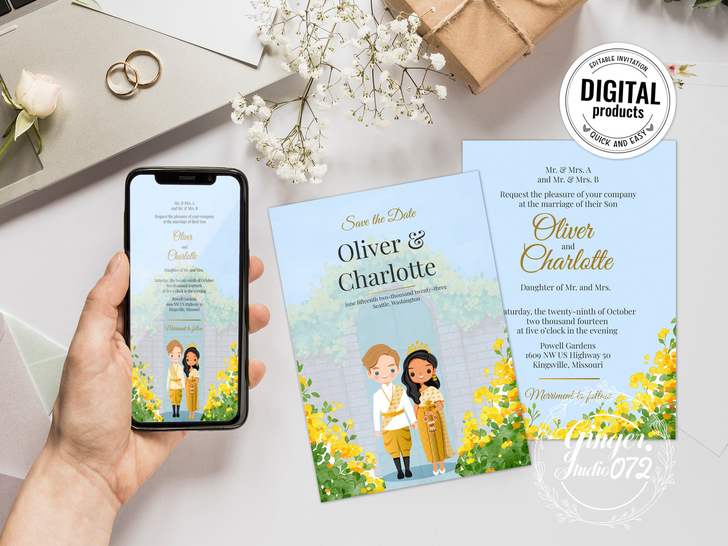 Cute Asian, Khmer, Lao, Thai Wedding invitation, E-Invite template #sewc230107