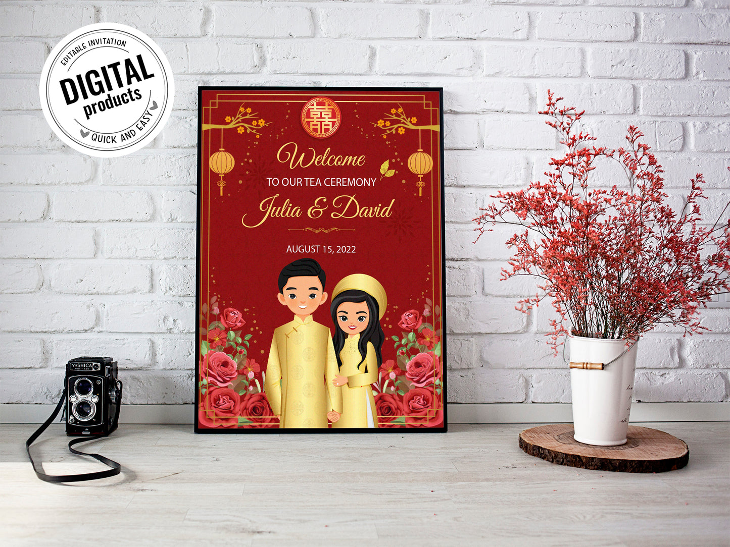 Cute Vietnamese Wedding, Tea ceremony, Welcome signage template #wcsl211202