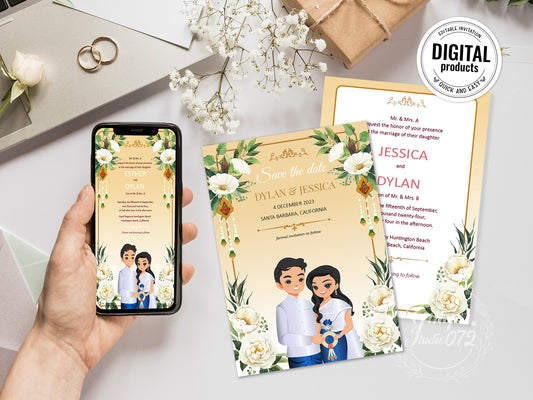 Cute Asian, Khmer, Lao, Thai Wedding invitation, E-Invite template #sewc231002