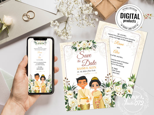 Cute Asian, Khmer, Lao, Thai Wedding invitation, E-Invite template #sewc221101