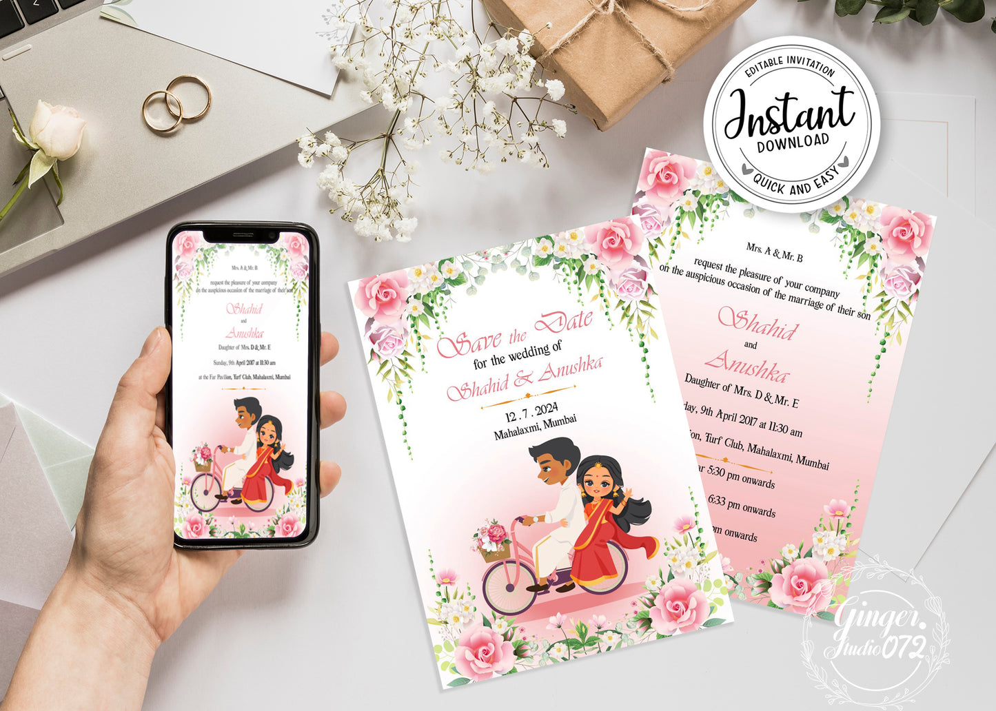 Cute Indian/Hindu wedding invite, Haldi/Mehndi/Sangeet, Customize template #idwc220402