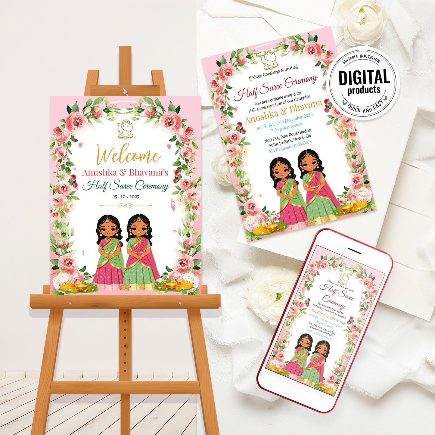 Cute Milestone invite, Half Saree Function Ceremony, Customize Template #CAIV231001