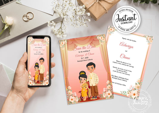 Cute Asian, Khmer, Lao, Thai Wedding invitation, E-Invite template #sewc220301