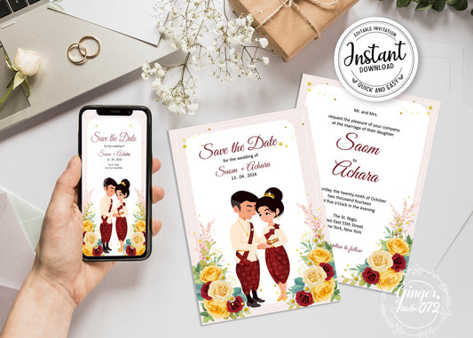 Cute Asian, Khmer, Lao, Thai Wedding invitation, E-Invite template #sewc220402