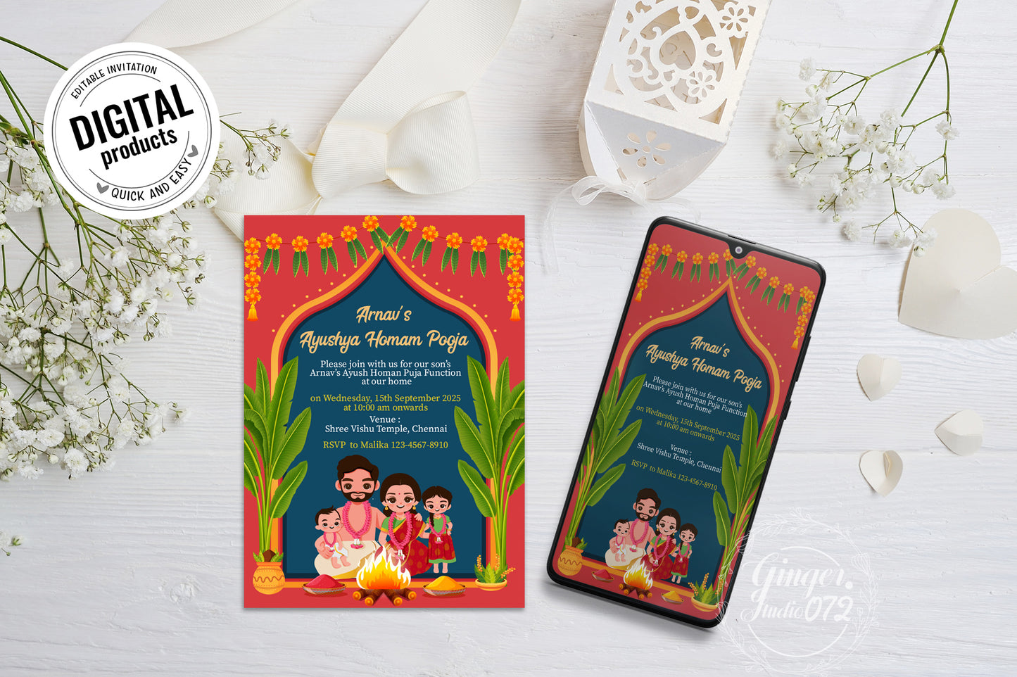 Cute Milestone invite, Ayush Homam puja function, Customize Template #bsiv230106