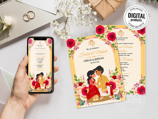 Cute Indian/Hindu wedding invite, Haldi/Mehndi/Sangeet, Customize template #idwc220406