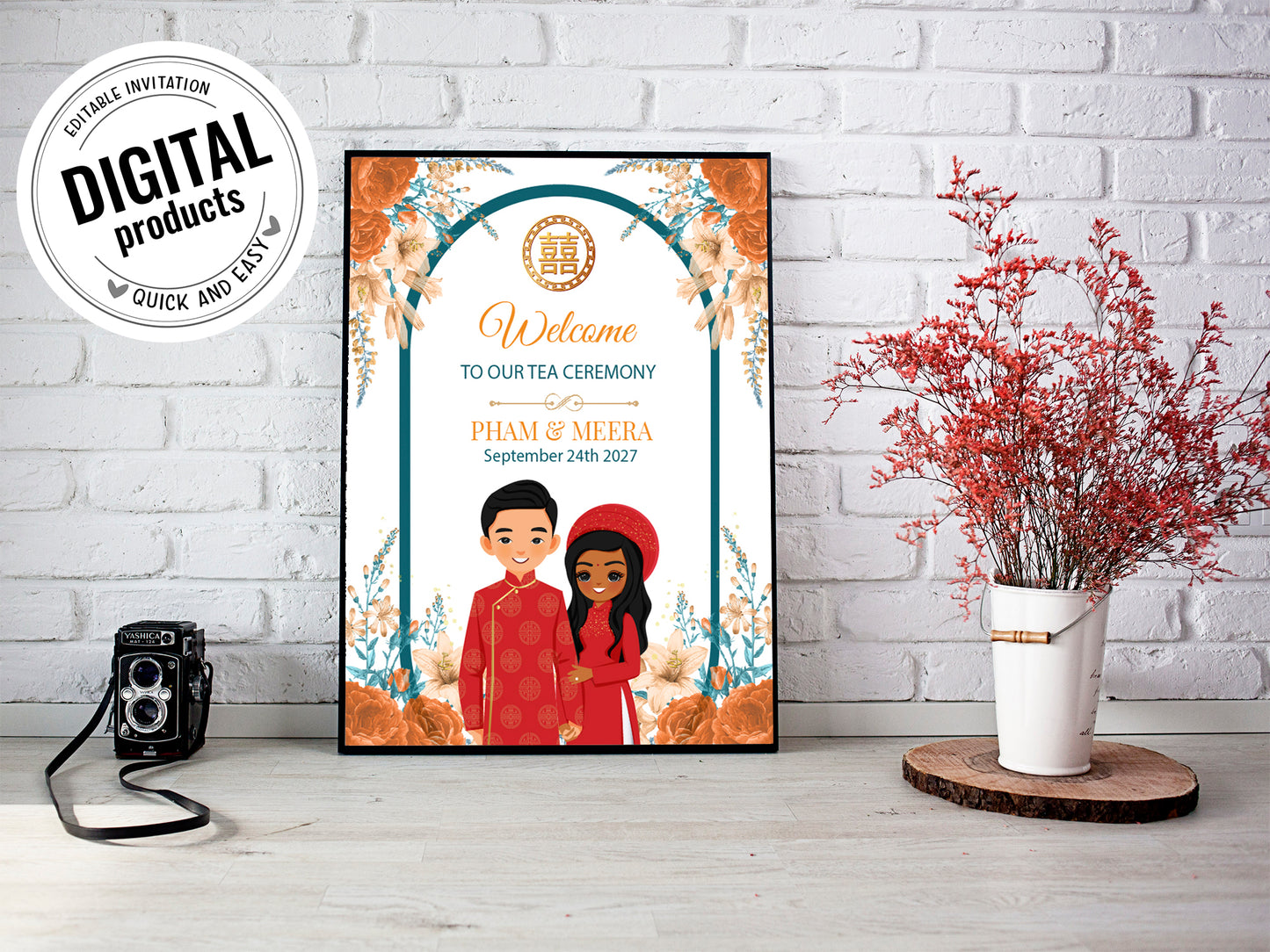 Cute Vietnamese Wedding, Tea ceremony, Welcome signage template #wcsl230907