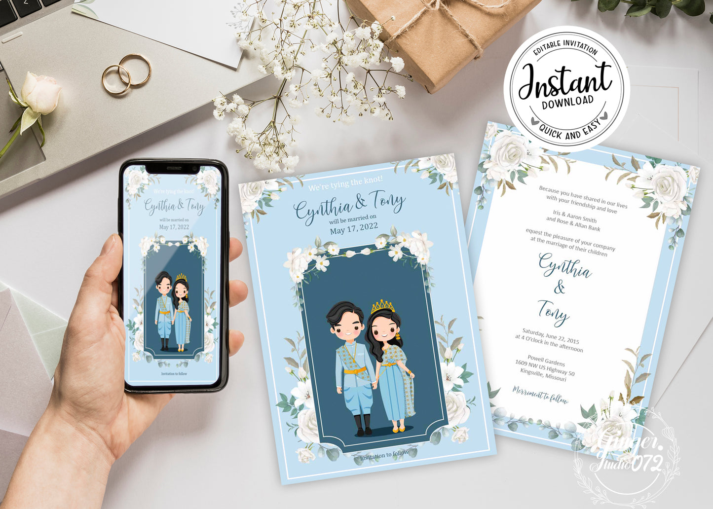 Cute Asian, Khmer, Lao, Thai Wedding invitation, E-Invite template #thwc200801