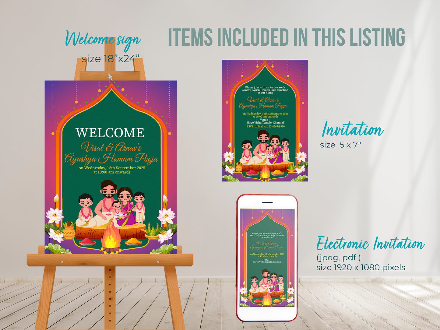 Cute Milestone invite, Ayush Homam Puja Function Cermony, Customize Template #hfiv230602