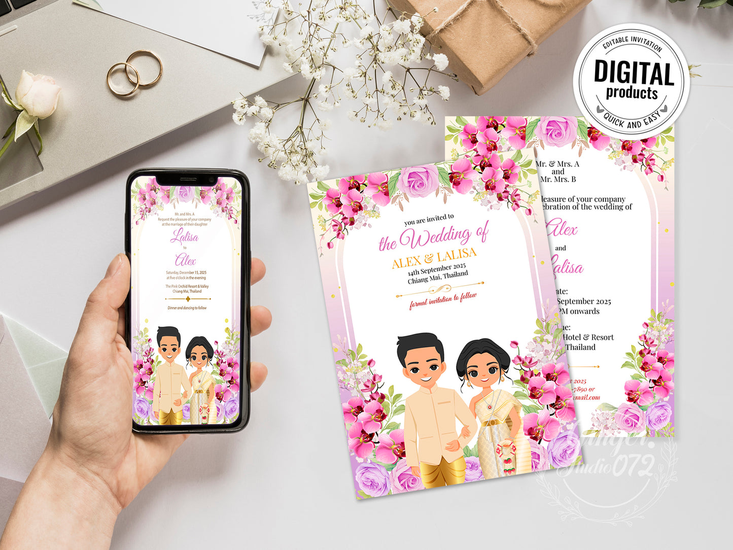 Cute Asian, Khmer, Lao, Thai Wedding invitation, E-Invite template #sewc230702