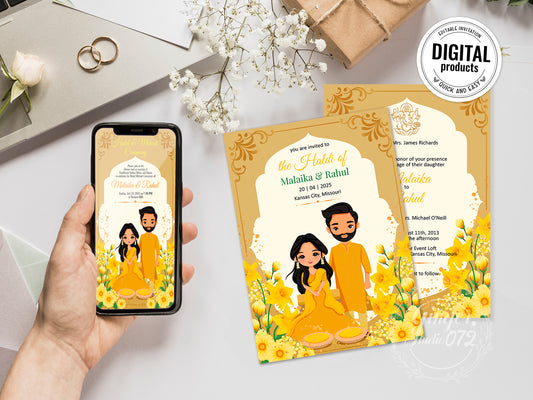 Cute Indian/Hindu wedding invite, Haldi/Mehndi/Sangeet, Customize template #idhd210501