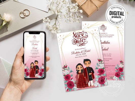 Cute Indian/Hindu wedding invite, Haldi/Mehndi/Sangeet, Customize template #idwc210203