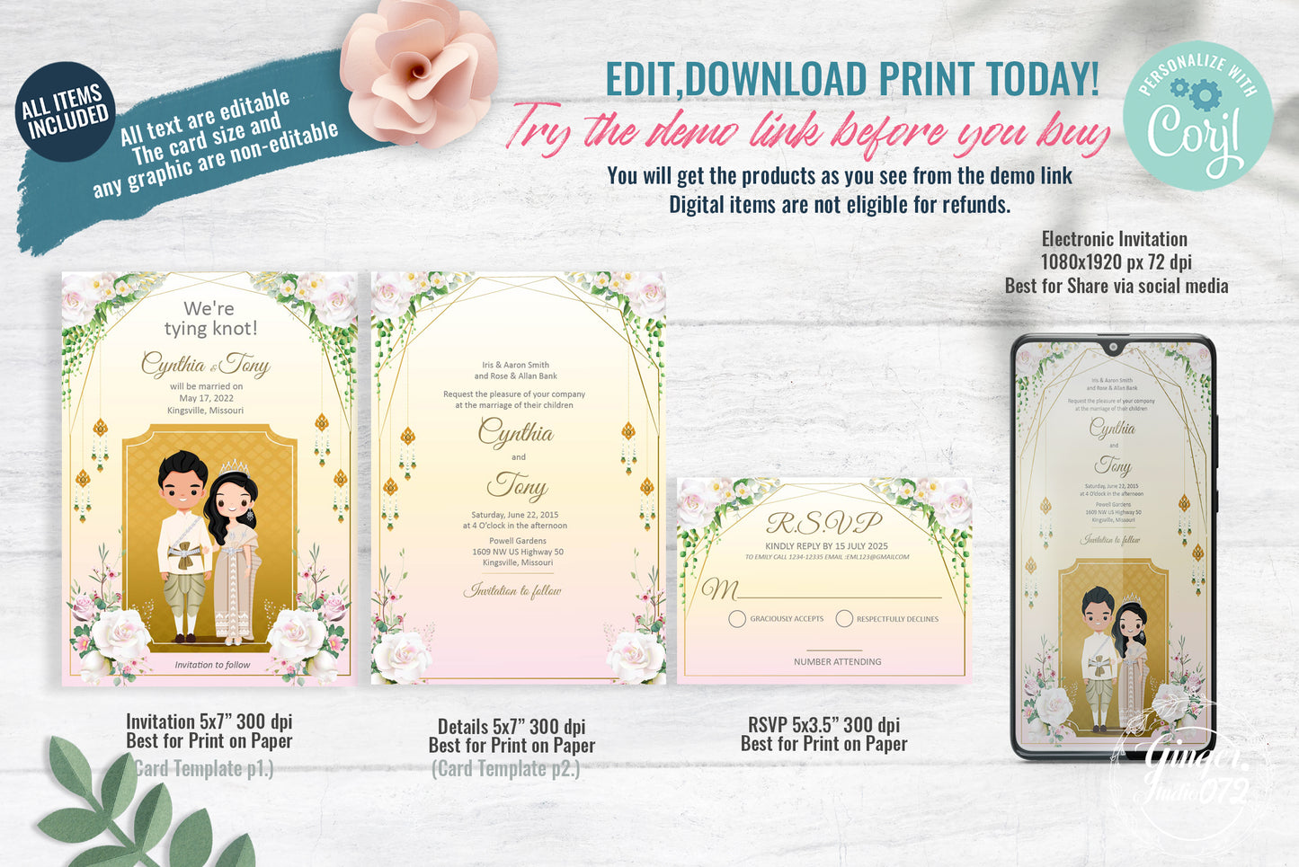 Cute Asian, Khmer, Lao, Thai Wedding invitation, E-Invite template #sewc220902