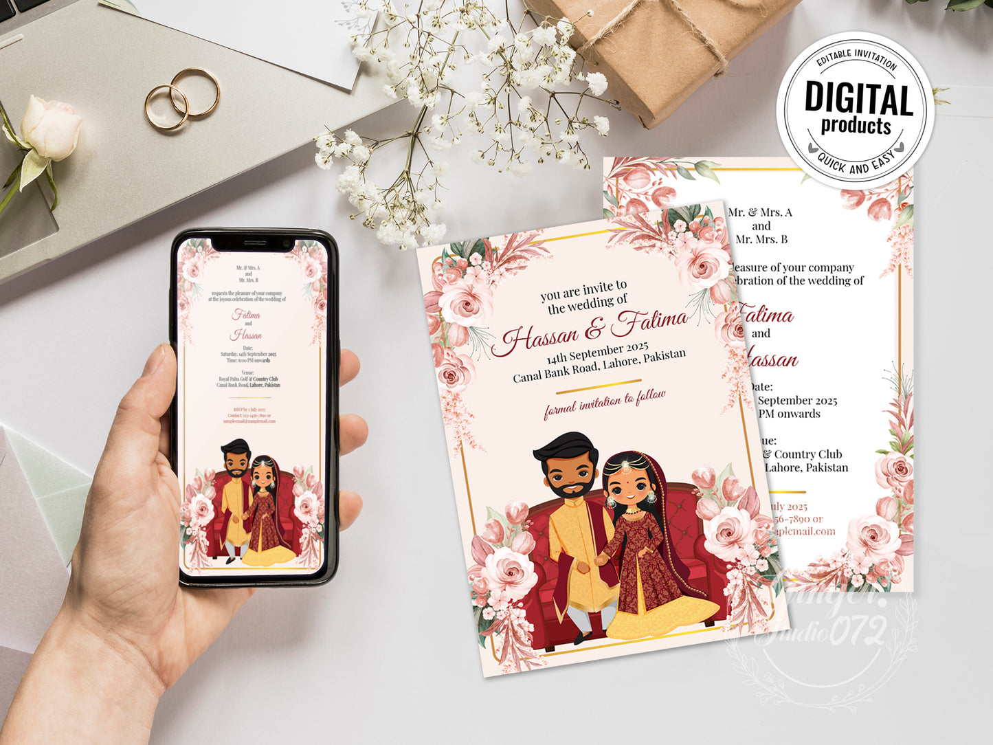 Cute Indian/Hindu wedding invite, Haldi/Mehndi/Sangeet, Customize template #idwc210601