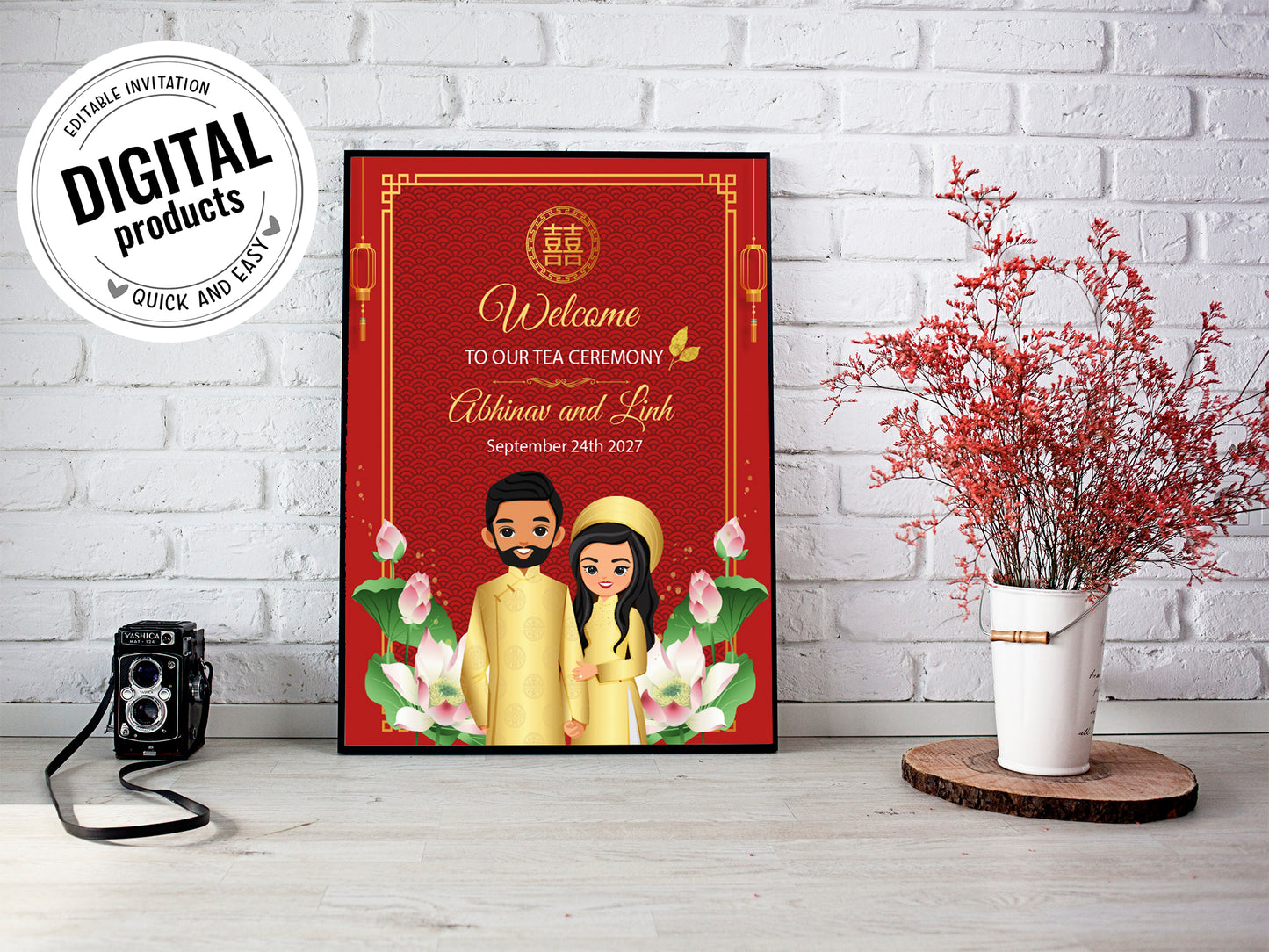 Cute Vietnamese Wedding, Tea ceremony, Welcome signage template #wcsl2309010