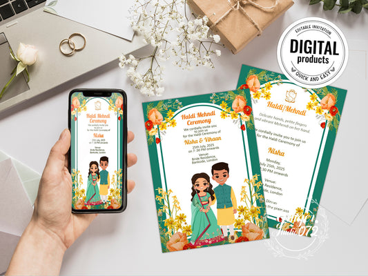 Cute Indian/Hindu wedding invite, Haldi/Mehndi/Sangeet, Customize template #idwc221006