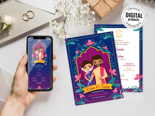 Cute Indian/Hindu wedding invite, Haldi/Mehndi/Sangeet, Customize template #idwc210107