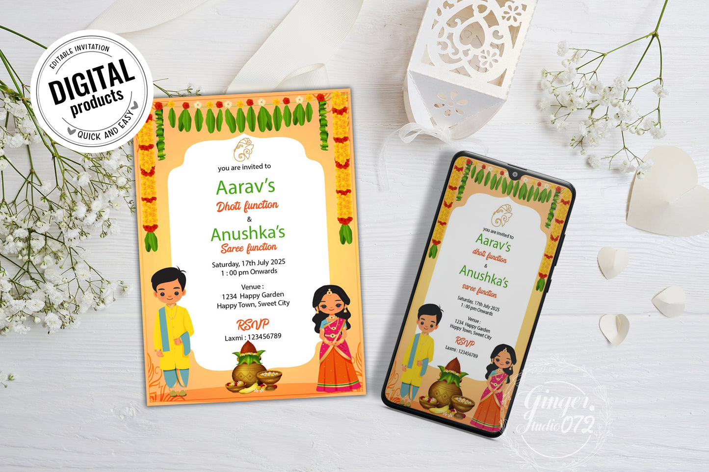 Cute Milestone invite, Half Saree & Dhoti Function Ceremony, Customize Template #hfiv220801