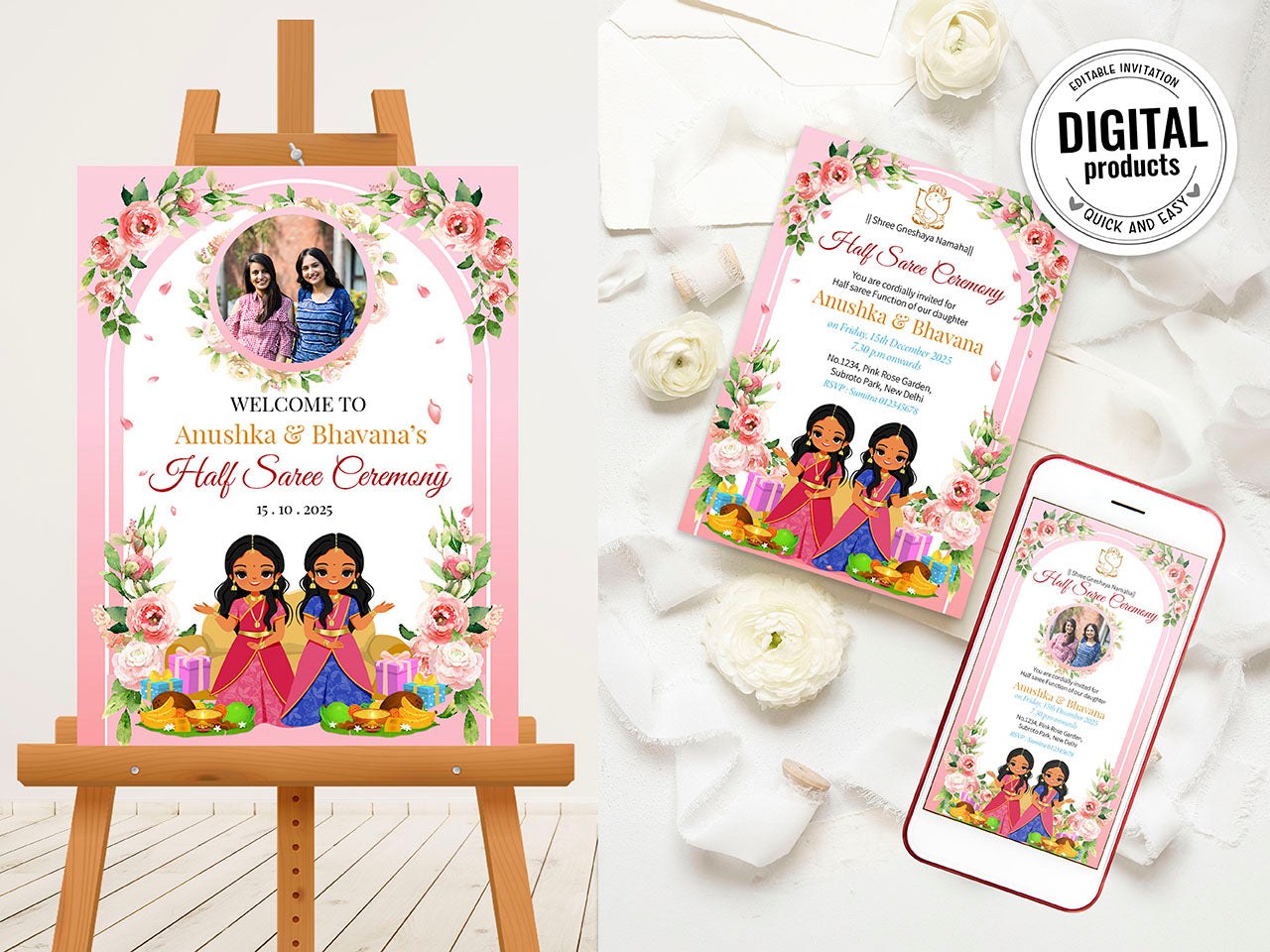 Cute Milestone invite : half saree ceremony, Customize Template  #hfiv220703