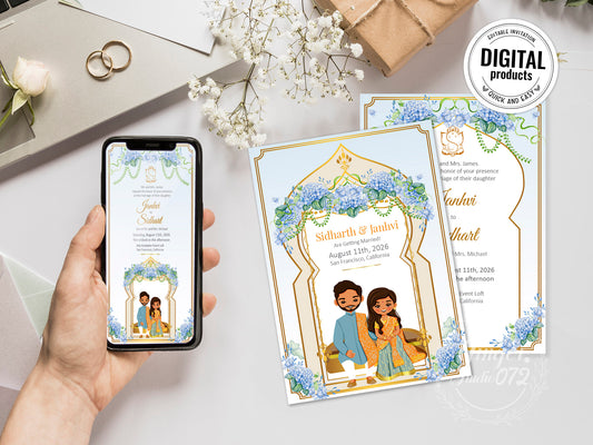 Cute Indian/Hindu wedding invite, Haldi/Mehndi/Sangeet, Customize template #idwc230701